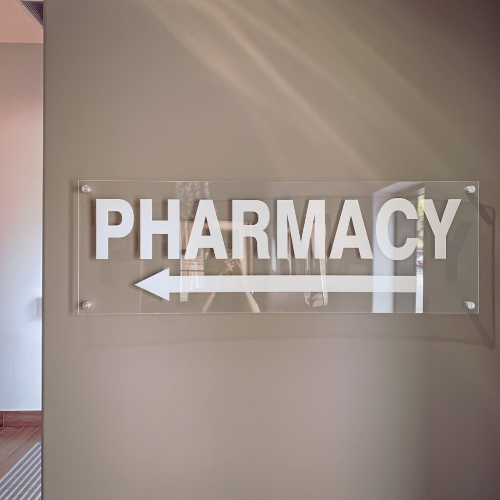 Pharmacy sign in the building
